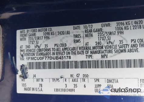 2013 Ford Escape S z USA, uszkodzony, nr VIN 1FMCU0F77DUB45178